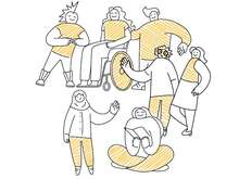 Illustration einer Gruppe von Menschen mit gelben Akzenten